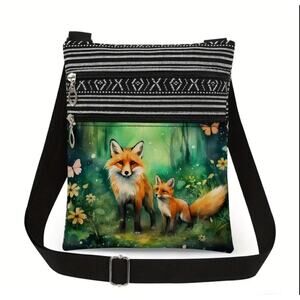NEW Messenger Bag Purse Zipper Closure 9.25 x 7.48" Whimsical Fox and Baby Fox
